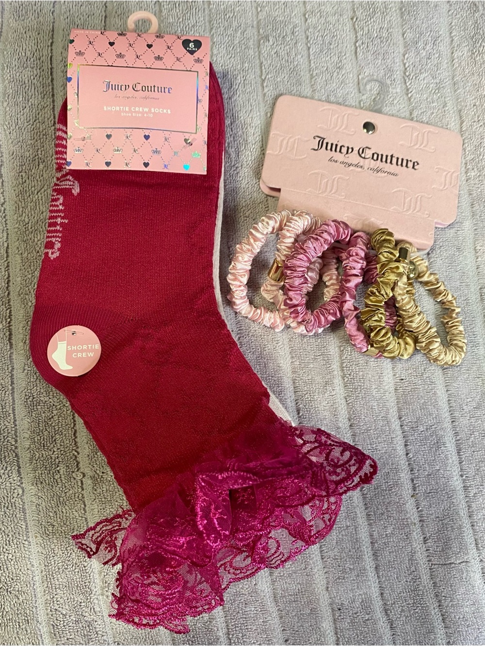 NWT Juicy Couture Lace Ruffle Socks & Satin Scrunchies Gift Set Bundle